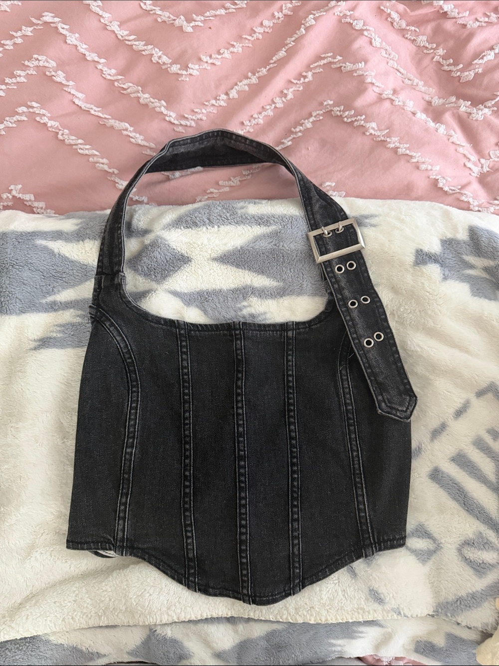 Washed Black Denim Belt-Strap halter top